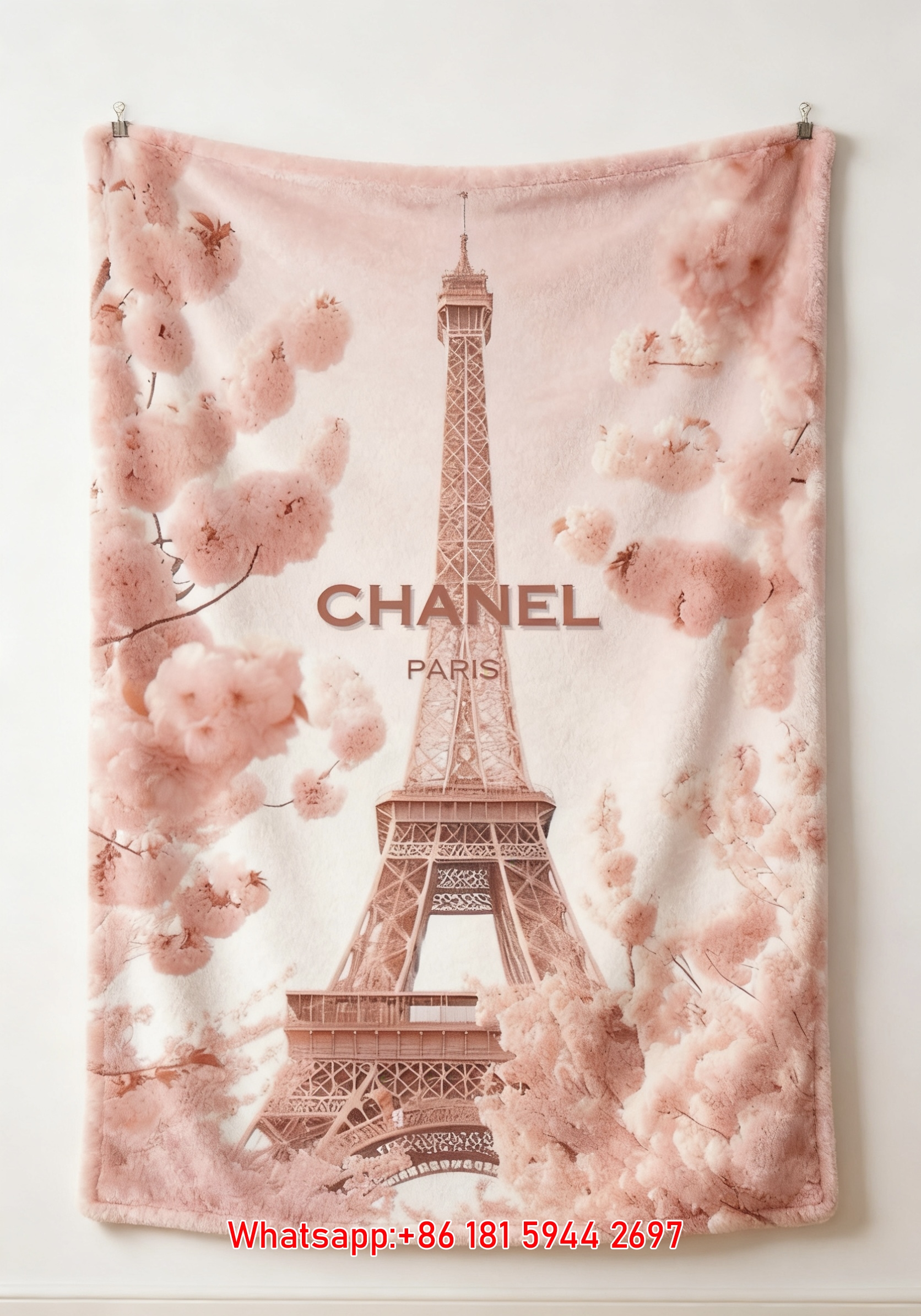 Chanel Pink White Floral Eiffel Tower Flannel Throw Blanket IMG_7303